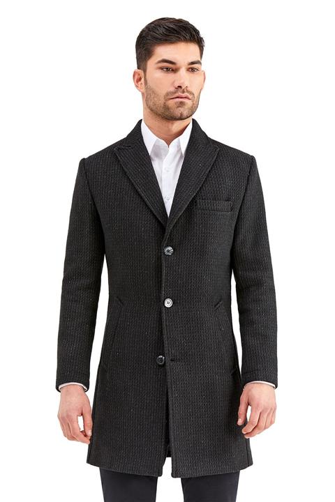 İmza Siyah Kendinden Desenli Slim Fit Palto