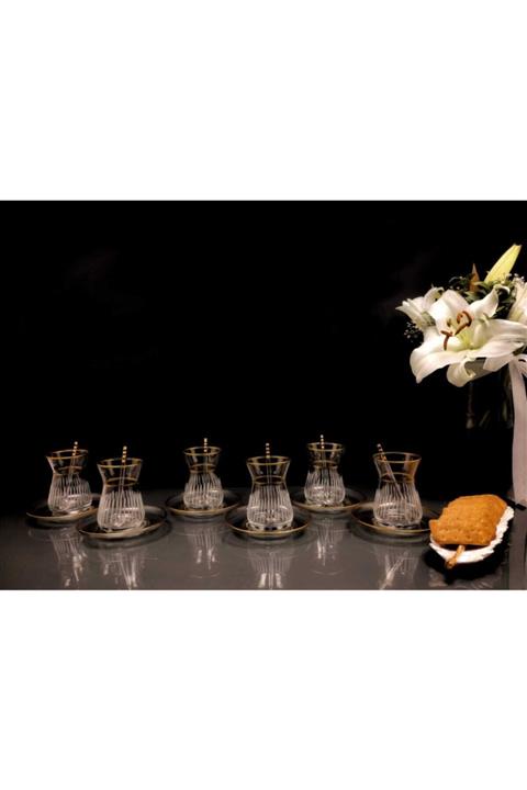 CAMBİHOME Irem Çay Seti 12 Parça Butik Gold Çizgi Dekor Tabak