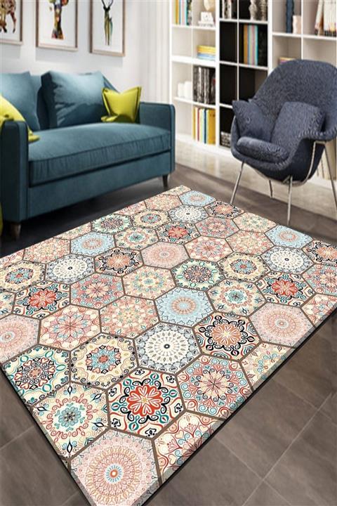 Osso Halı Osso Kahve Mavi Kırmızı Patchwork Otantik 3d Desenli Lastikli Halı Örtüsü Halı Kılıfı