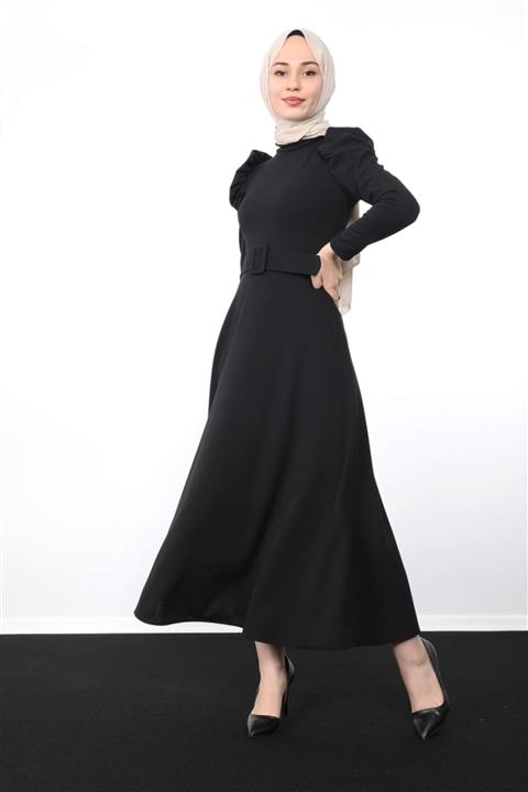 Giza Giyim Balon Kol Tesettür Elbise Siyah