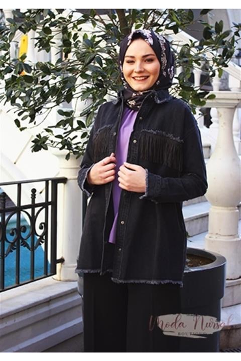 ModaNursal Püsküllü Kot Ceket - Siyah