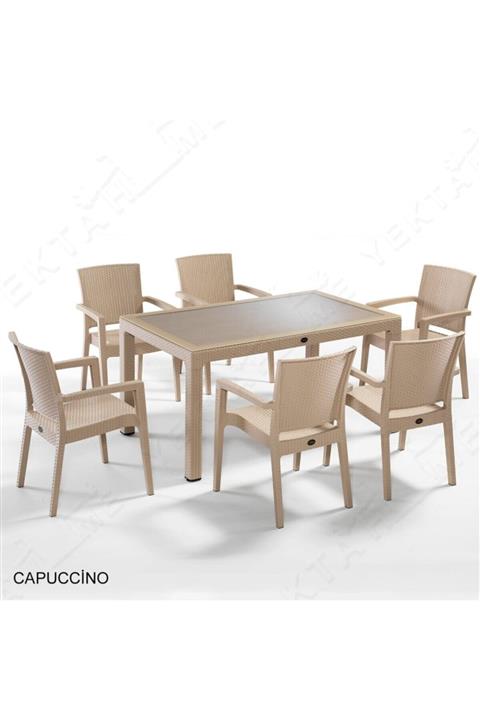 Novussi Liverno Rattan 6 Sandalyeli Camlı Dikdörtgen Masa Takımı