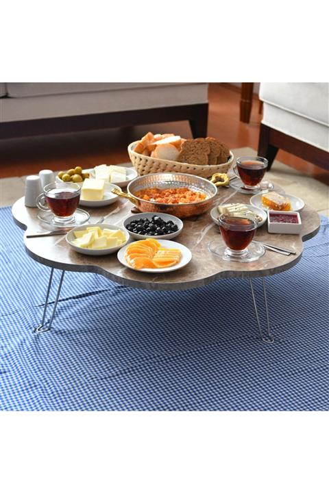 arvenlive 80 Cm Kahve Mermer Desenli Ahşap Katlanabilir Papatya Yer Sofrası, Yer Masası, Yemek Masa, Yer Sofra