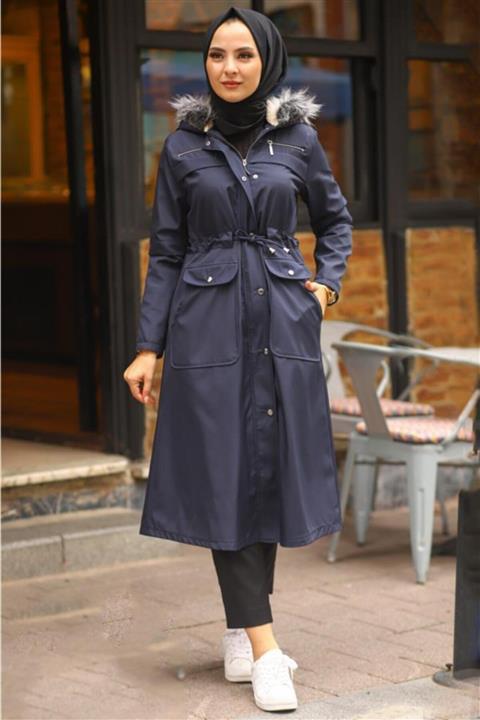 Modamihram Kadın Lacivert Fermuar Detaylı Mont