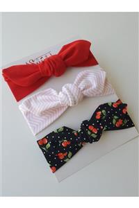 swan butik Kız Bebek Bandana Toka Seti 3'lü Kırmızı, Kirazlı, Dalgalı