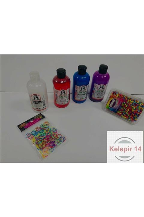 Esmay Slıme Set 250 Ml 3 Adet +sıvı Boraks 250ml +renkli Köpük+ Bileklik Yapım Seti