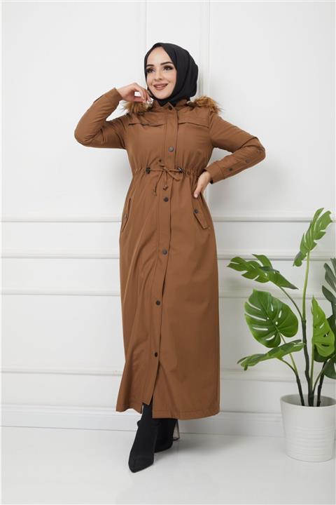 KMKkombin Waterprof Taba Içi Kürklü Uzun Tessetür Mont Kaban