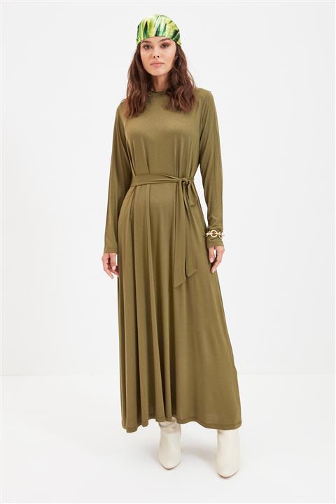 Trendyol Modest Haki Beli Kuşaklı Örme Elbise TCTAW22EB0053