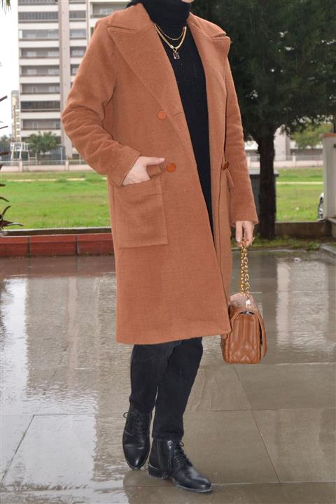 ASELA. Taba Renk Kruvaze Kaşe Kaban