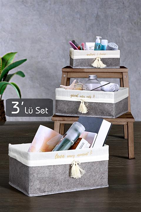 Meleni Home 3'lü Set Keçe Dikdörtgen Düzenleyici Kutu - Çok Amaçlı Sepet Organizer Mega - Maxi - Mini Gri