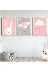 SUNNYFUNNYKIDS Kız Çocuk Tablo Pembe Gri Tavşan 3'lü Naturel Renk Doğal Ahşap Çerçeveli Set 30x40 Cm