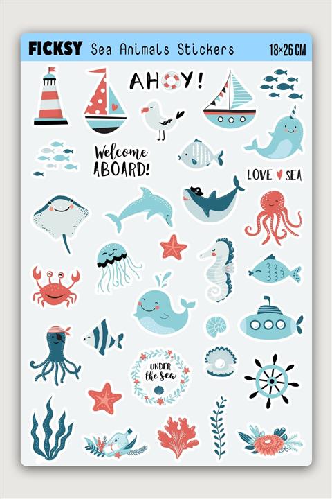 Ficksy Sevimli Deniz Canlıları Sticker Seti - 34 Adet Etiket Çıkartma