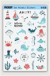 Ficksy Sevimli Deniz Canlıları Sticker Seti - 34 Adet Etiket Çıkartma