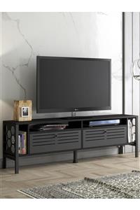 Wood'n Love Roma Premium Altıgen Desen Metal Ayaklı Metal Kapaklı Dolaplı Tv Ünitesi - Wood Siyah /