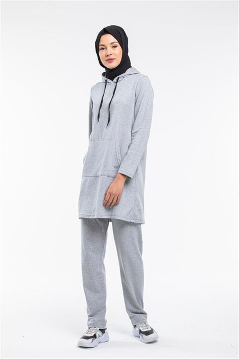 CNG MODA Kadin Gri Kanguru Cepli Eşofman Takımı