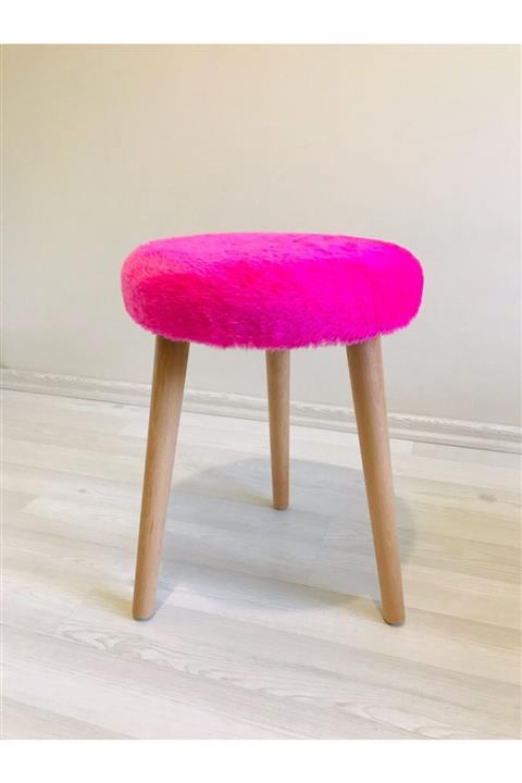 Neta Home Ahşap Ayak Dekoratif Fuşya Pelüş Puf Tabure Bench Yuvarlak Koltuk Sandalye