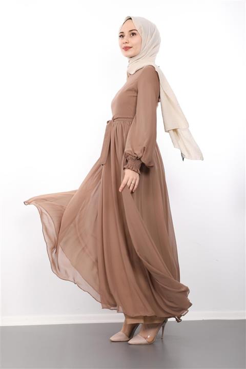 Giza Giyim Kolları Lastikli Şifon Elbise Vizon