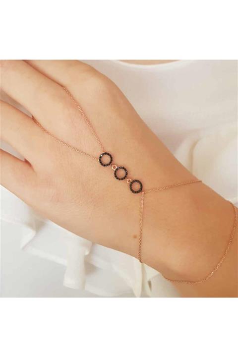 CNG Kadın Rose Gold Siyah Taşlı 3 Halka Gümüş Şahmeran Bileklik