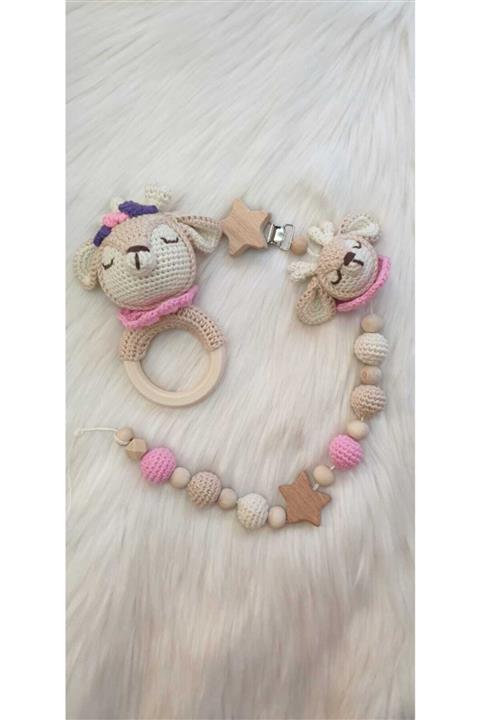 ON MARİFET Amigurumi Organik Örgü Oyuncak Geyik Emzik Zinciri Ve Çıngırak