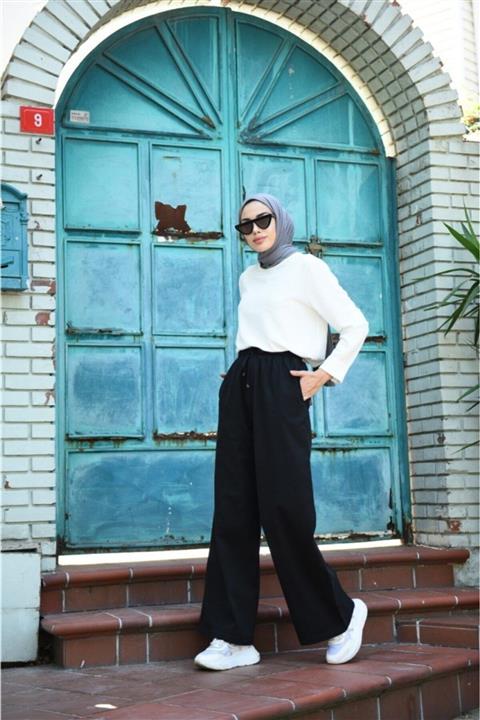 Neways Bel Lastikli Siyah Tensel Pantolon 1105