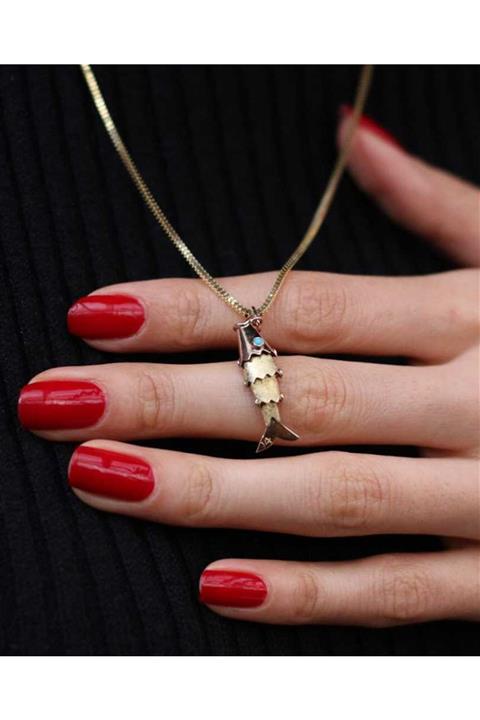 Reis Kuyumculuk Kadın Balık Firuzeli Sarı Altın Kolye T893.