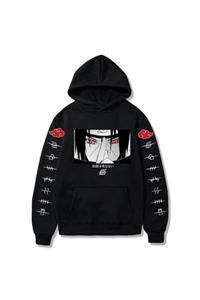 IvırZıvır Anime Naruto Uchiha Siyah Unisex Normal Kalıp Kapşonlu Hoodie