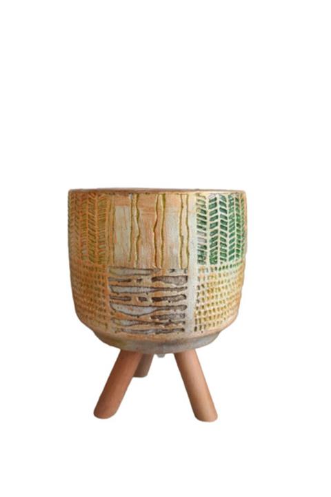collection77 Ahşap Ayaklı Antik Desen Beton Saksı