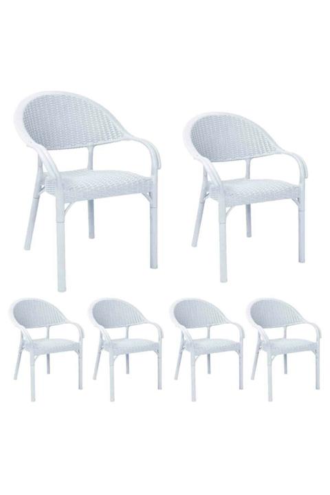 Sadık Plastik SP Beyaz 6 Adet Bambu Rattan Kollu Sandalye Koltuk