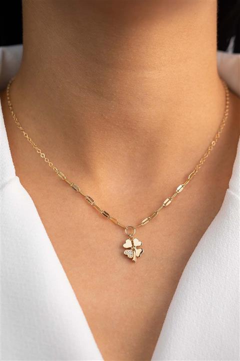 YAVUZ KUYUMCULUK Altın Aynalı Taşlı Yonca Kolye