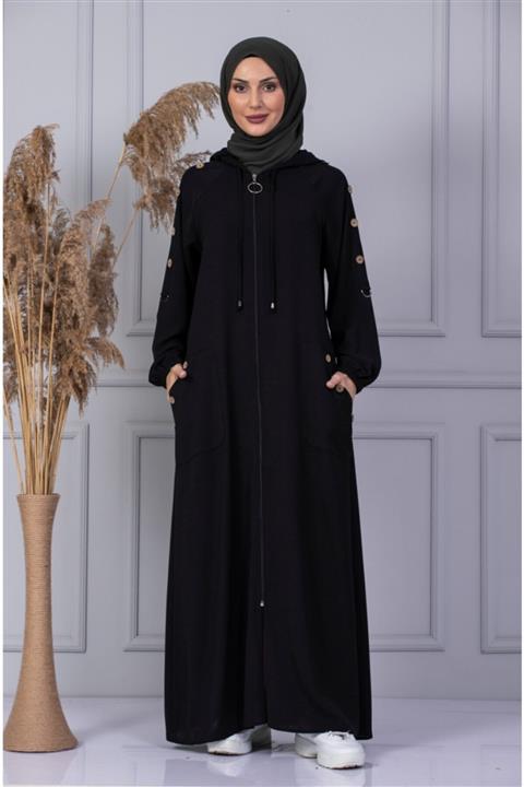 İNCİ TESETTÜR Kadın Siyah Düğme Detaylı Pardesü