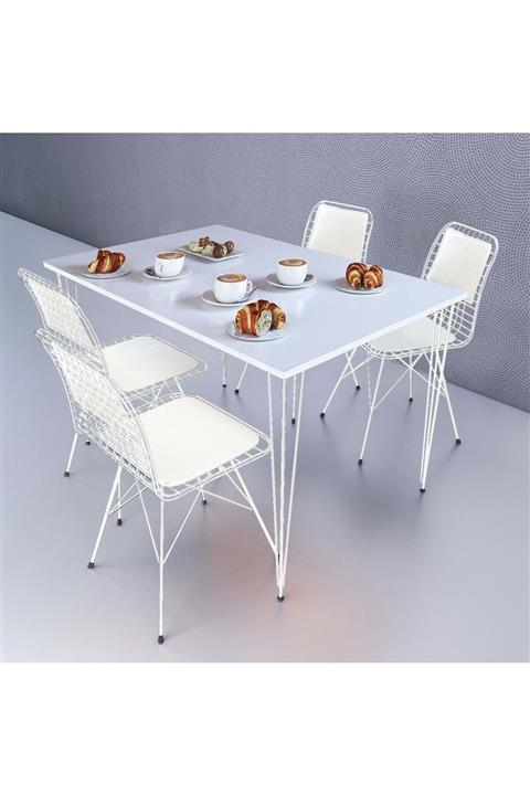 Theia Tasarım Bembeyaz Masa Takımı 4 Kişilik Beyaz, 130x70 Masa + Sırt Minderli Veyaz Tel Sandalye 4 Adet