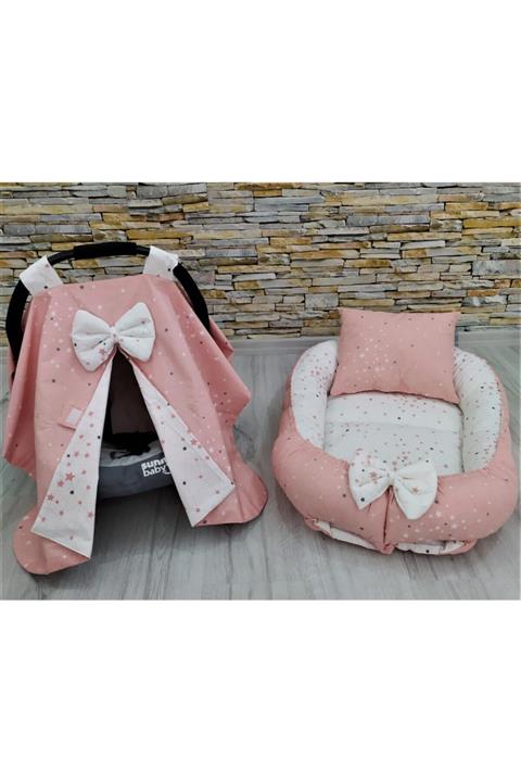 renklievimbeysehir Babynest Puset Örtüsü Set Pudra Yıldızlı Kombin