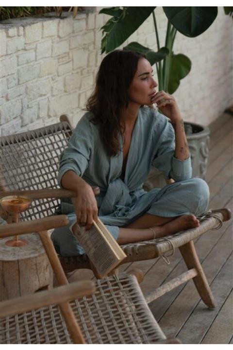 Clafre Dokuma Kumaş %100 Pamuk El Yapımı Unisex Yeşil Kısa Kimono