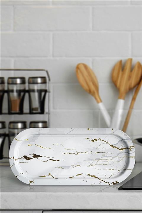 EVLE Mermer Desenli 160x350 Mm Oval Metal Dekoratif Sunum Tepsisi - Beyaz