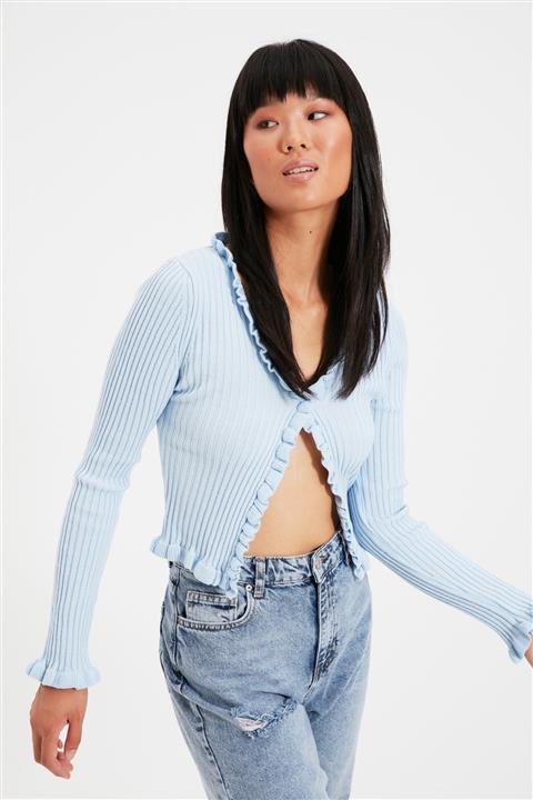 TRENDYOLMİLLA Mavi Fırfırlı Triko Hırka TWOAW21HI0132