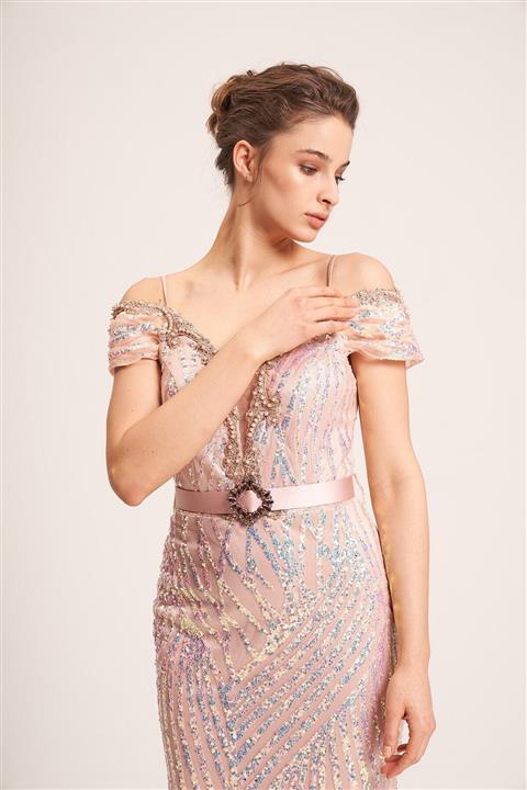 La Vita e Bella Somon Janjan Payet Sırt Dekolte Kat Etekli Uzun Abiye