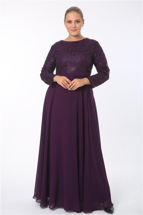 Ladies First Büyük Beden  Patlıcan Uzun Abiye Elbise