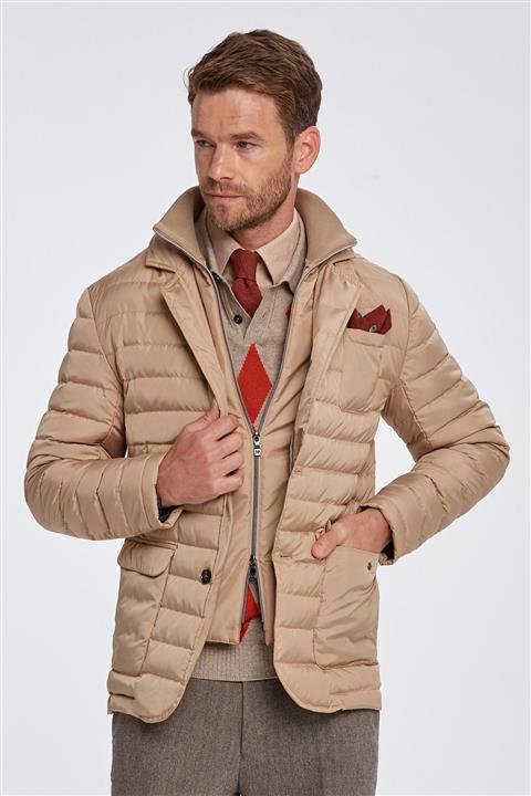 Hemington Kaz Tüyü Dolgulu Camel Ceket
