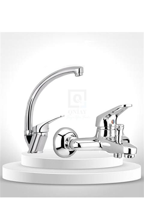 QNİAY 2’lü Mix Kuğu Set Mix Banyo - Lavabo - Musluğu Çeşmesi Bataryası Çift Su Girişli Aç Kapa Set