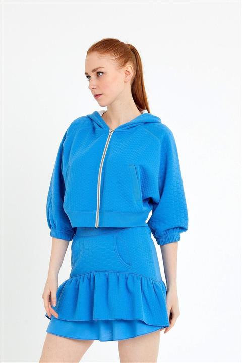 Roop Fabric Kadın Mavi Fermuarlı Kapüşonlu Hırka