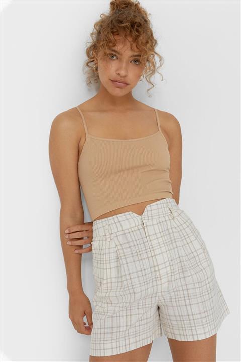 Stradivarius Kadın Ekru Kareli Şort