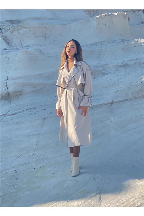 munora butik Mavi Biye Detaylı Trençkot