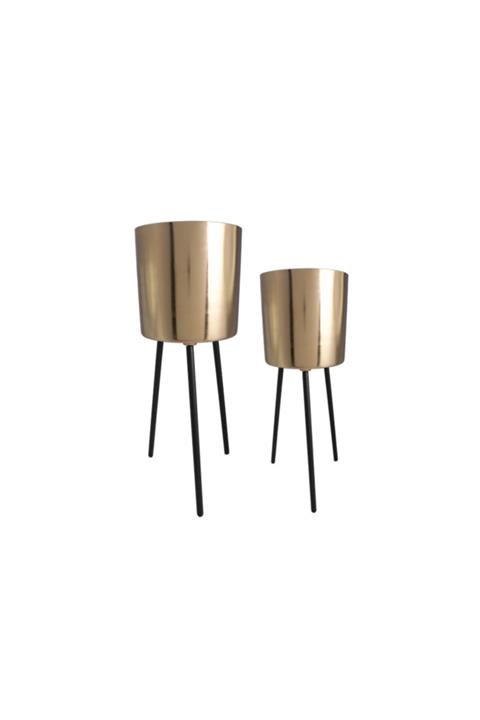 LAMEDORE Uc Ayaklı Dekoratıf 2 Lı Saksı Setı Gold 90x41 Cm 75x28 Cm
