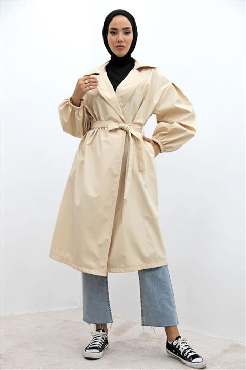 Giza Giyim Kolları Bombeli Trenç Ekru