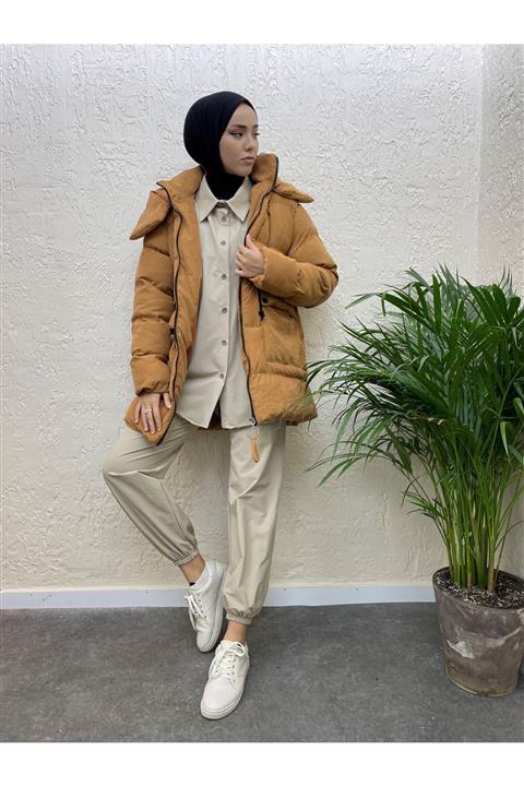 ELBİCA Kapişonlu Şişme Kaban 916 Taba