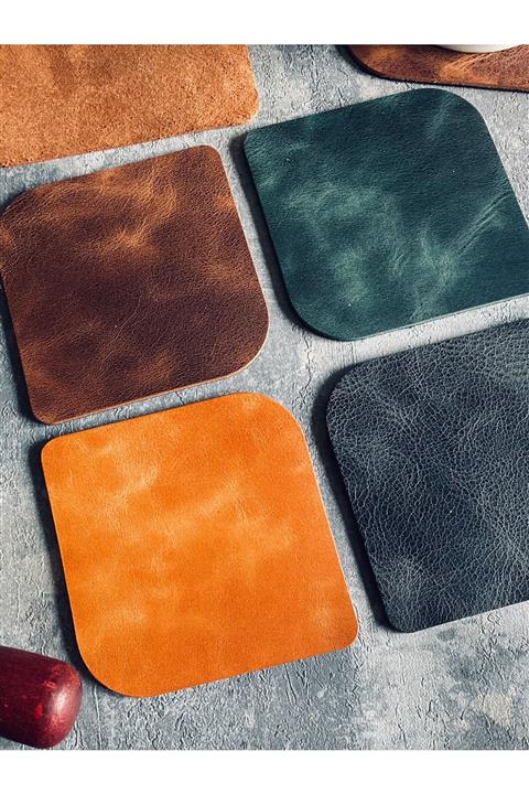 HisliKedi 4 Adet Hakiki Deri Oval Bardak Altlığı - Taba