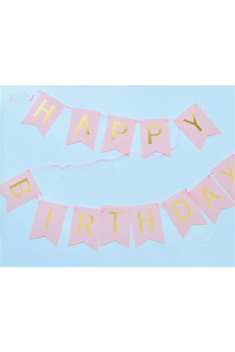 Pembe Kaktüs Altın Harfli Açık Pembe Bayrak Şeklinde Happy Birthday Asma Süs
