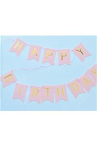 Pembe Kaktüs Altın Harfli Açık Pembe Bayrak Şeklinde Happy Birthday Asma Süs