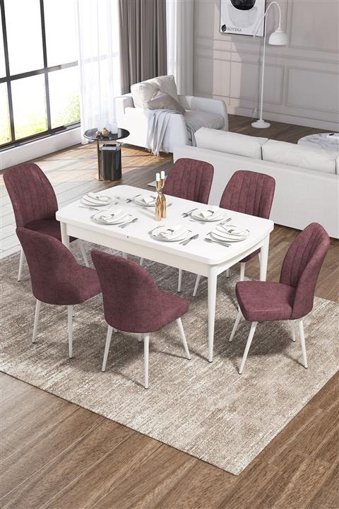 Canisa Concept Mun Serisi Mdf Beyaz Mutfak Masa Takımı + 6 Adet Gülkurusu Sandalyeli