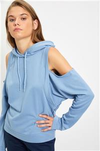 TRENDYOLMİLLA Mavi Cut Outlu Kapüşonlu Basic Örme İnce Sweatshirt TWOAW22SW0194